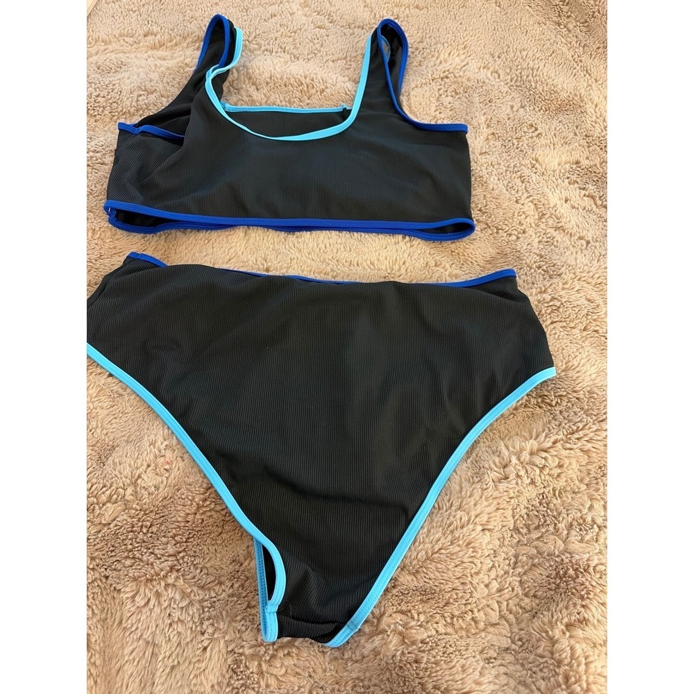 Plus size bikini  Black Ribbed High Waisted Blue Trim 
Two Piece Swim